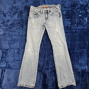 Vigoss Jeans Women's 5 Blue Denim Low Rise Thick‎ Stitch Distressed Bootcut